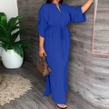 Royal blue V-neck maxi dress with drawstring waist and side slit detail - S / Blue