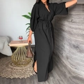 Elegant black long V-neck maxi dress with drawstring waist and side slit detail - S / Black