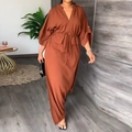 Elegant high-waist v-neck midi dress with long sleeves and drawstring waist in rust brown - S / Brown