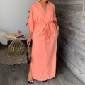 Elegant salmon pink maxi dress with deep V-neck, batwing sleeves and drawstring waist tie - S / Pink