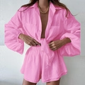 Pink linen long sleeve tie-front shirt and high waisted shorts two-piece casual set for women - 3XL / Pink