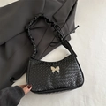 Black woven faux leather shoulder bag with silver butterfly charm and scrunchie strap - Black