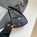 Black nylon shoulder underarm bag with white butterfly charm accessory for women - Black