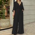 Damen-Jumpsuit mit V-Ausschnitt, weitem Bein, Fledermausärmeln und plissierter Taille in Schwarz - 3XL / Schwarz