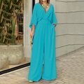 Eleganter hellblauer Jumpsuit mit V-Ausschnitt, Fledermausärmeln und weitem Bein - 3XL / Blaugrün