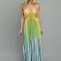 Gradient halter neck pleated maxi dress with waist cut-outs and colorful chiffon finish - S / Yellow-Green