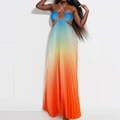Gradient pleated halter maxi dress with waist cut-outs for vibrant resort style fashion - S / Blue Orange