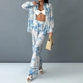 Women's two-piece set with blue Toile de Jouy print shirt and wide-leg trousers - 3XL / Top And Bottom / Blue Floral Print
