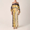 Bohemian off-shoulder batwing top and high-waist wide-leg pants set with tie-dye print - S / Yellow Gradient