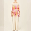 Women's 2-piece set with off-shoulder batwing top and printed wide-leg trousers - S / Yellow Pink Gradient