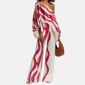 Chic satin one-shoulder top and wide-leg pants set with colorful wavy abstract patterns - 3XL / Rose Red