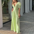 Elegant light green V-neck jumpsuit with puff sleeves and wide legs in satin fabric - 3XL / Light Green
