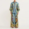 Women's 2-piece light blue floral print set with lantern sleeve shirt and wide leg pants - S / Top And Bottom / Blue Floral Print