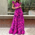 Abito lungo fucsia floreale con maniche a volant e gonna a balze per l'estate - 3XL / Stampa Viola