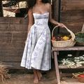 Vestido blanco retro francés con estampado floral morado y detalle de corpiño campestre - Floral Púrpura