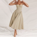 Elegant beige corset-style slip midi dress with thin straps and a flowing skirt - 3XL / Apricot
