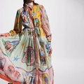 Robe vintage à manches lanternes avec imprimé artistique et ceinture tressée chic - 3XL / Style Visage Pop Art (28409)