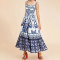 Elegante abito midi slim fit con stampa Majolica bianca e blu e scollo a quadrato da donna - stampa blu