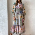 Böhmisches bedrucktes Langarmkleid mit Laternenärmeln und gestuftem Faltenrock - 3XL / Lucky Star Collage-Stil (24540)