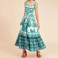 Abito lungo boho bianco con stampa mediterranea verde e scollo quadrato alla moda - Verde Floreale