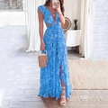 Maxikleid mit blauem Paisley-Print, tiefem V-Ausschnitt, Taillenausschnitt und Rüschen - S / Blau Bedruckt