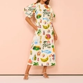 Women's tropical print midi dress with puff sleeves and tie waist in white - 3XL / White Tropical Fruit Print