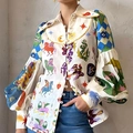 Artistic graffiti print long sleeve shirt with lapel collar and puff lantern sleeves - S / White Floral Print