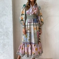 Bohemian floral print maxi dress with lantern sleeves and elastic high waist design - S / As Shown