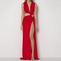 Elegant red V-neck maxi dress with waist cut-out and high slit detail for formal events - 3XL / Red