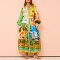 Elegante abito lungo primaverile con stampa collage tropicale e cintura in vita abbinata - 3XL / Stampa Patchwork Artistica (28068)