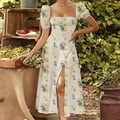 Dettaglio vestito midi a fiori con scollo a quadrato e maniche a sbuffo eleganti - L / Floreale Blu Giallo