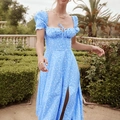 Detail of square neckline with drawstring and floral print on light blue dress - 3XL / Sky Blue Small Floral