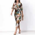 Robe midi élégante en satin à col en V avec imprimé abstrait et taille nouée - 3XL / Comme indiqué