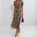 Floral V-neck slim fit dress with puff sleeves and green purple floral pattern print - S / Green