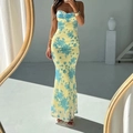 Elegant slim fit floral spaghetti strap midi dress in light yellow with blue print - 3XL / Yellow