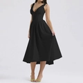 Detail view of an elegant V-neck black sleeveless midi dress with a cinched waistline - Black