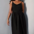 Detail of black V-neck sleeveless dress with bow straps and pleated waistline - S / Top And Bottom / Black