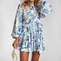 Elegante abito corto a fiori con maniche a sbuffo, bottoni di perla e bordo a balze - 3XL / Blu