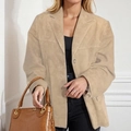 Women's vintage loose khaki faux suede blazer with pockets and notch lapel - 3XL
