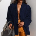 Navy blue faux suede oversized blazer for women featuring minimalist single-breasted design - 3XL / Dark Blue Blazer (28647)