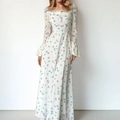Elegant floral maxi dress with square neckline, cinched waist, and romantic flare sleeves - 3XL / White Floral