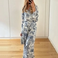Dames 2-delige lounge set met Toile de Jouy print shirt met lange mouwen en wijde pijpen - 3XL / Toile de Jouy Blauw Print (28729)