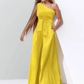 Detail of bright yellow one-shoulder jumpsuit with a wide waist belt and wide-leg cut - S / Yellow