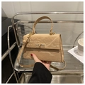 Dettaglio borsa a mano beige texture stropicciata con chiusura dorata e manico superiore - Cachi