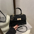 Fashionable black pleated crossbody bag with vintage gold metal lock and top handle - Black