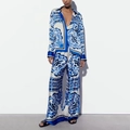 Two-piece loungewear set with blue geometric tile print and wide-leg trousers - 3XL / Top And Bottom / Blue