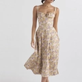 French vintage floral midi dress in soft yellow with purple print and spaghetti straps - 3XL / Apricot Purple Pink Floral