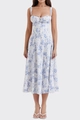 Floral A-line midi dress with corset bodice and blue porcelain print for women - 3XL / White with Blue Floral