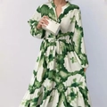 Abito lungo a fiori con maniche a lanterna, coulisse in vita e orlo a balze a strati - 3XL