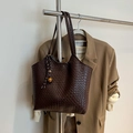 Dark brown large capacity woven tote bag with shoulder straps and braided charm - Coffee With Pendant